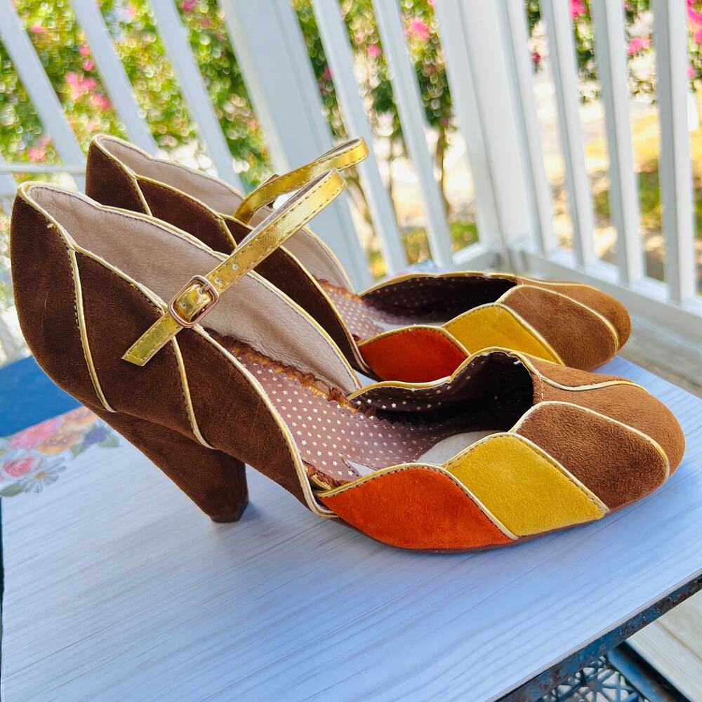 Bettie Page by Ellie Heels Womens 10M Brown Orange Yellow Retro Pinup Mary Jane
